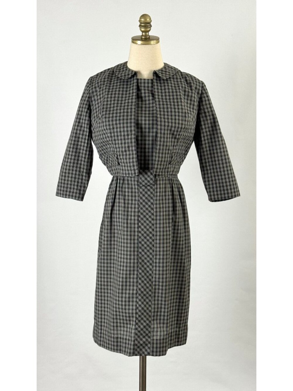 Vtg 50s 60s Minx Modes Plaid Check Wiggle Dress Set Matching Jacket Gray Mad Men
